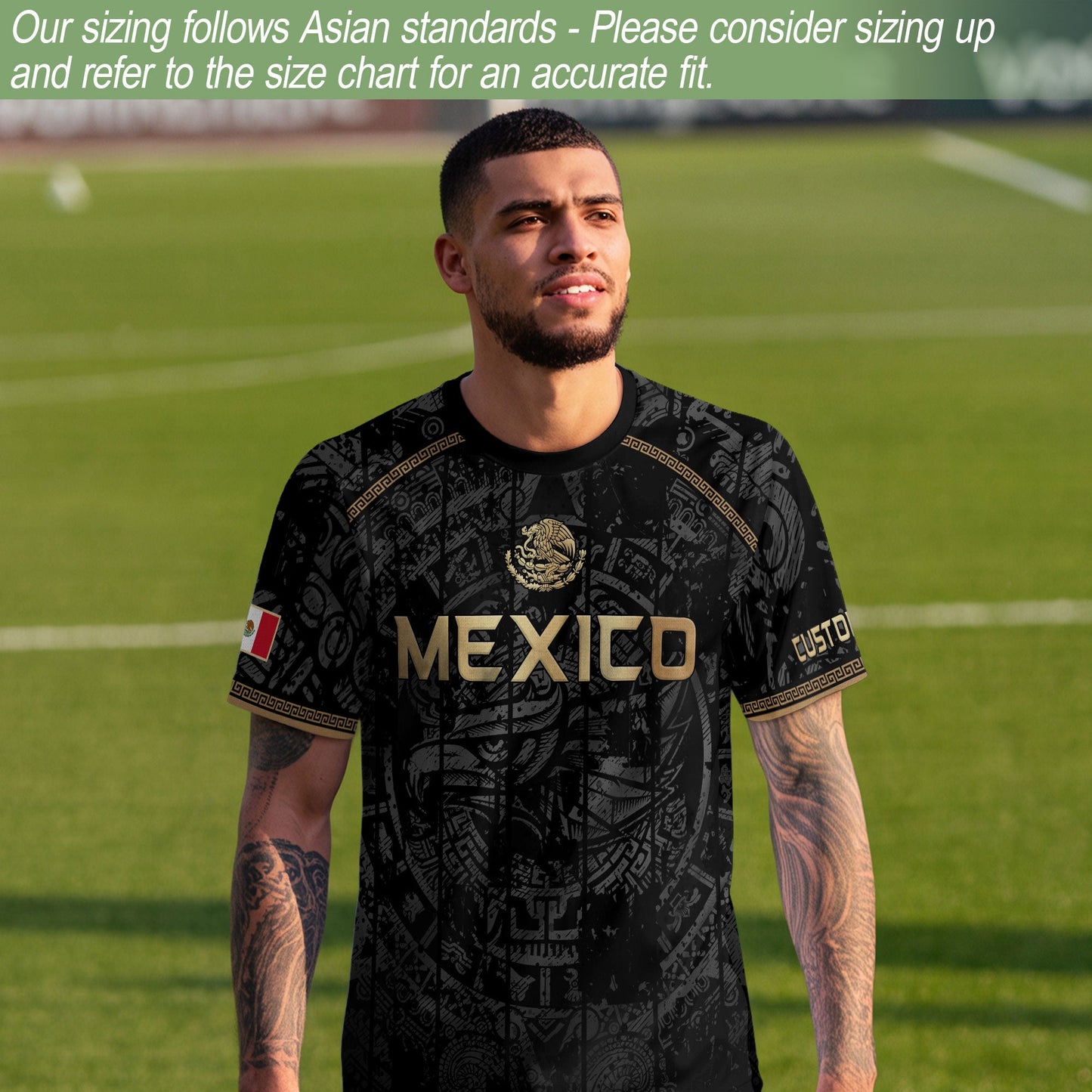 Mexico Soccer Jersey Custom Name - Black Gold Aztec Calendar Heritage Football Shirt
