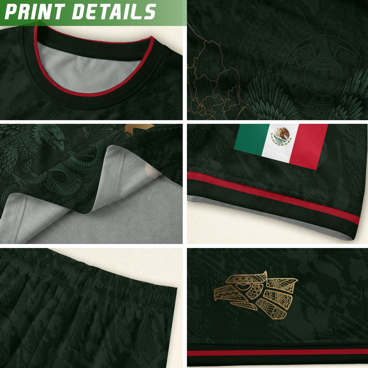 Mexico Kids Soccer Jersey Youth Green Gold Aztec Eagle Heritage Football Graphic Shirt