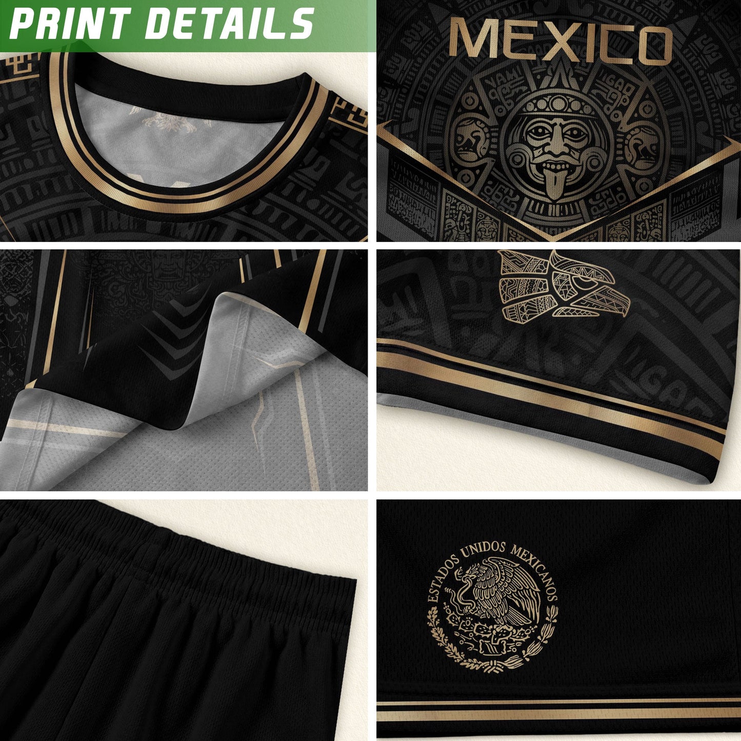 Mexico Youth Soccer Jersey Set Aztec Graphic Kids Football Uniform Black Gold Sportswear