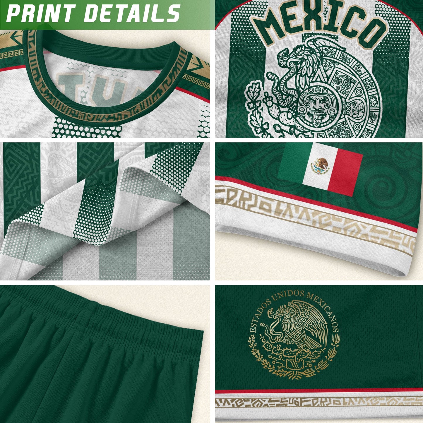 Mexico Soccer Green White Aztec Pattern Football Design Mexico Fan Heritage Style