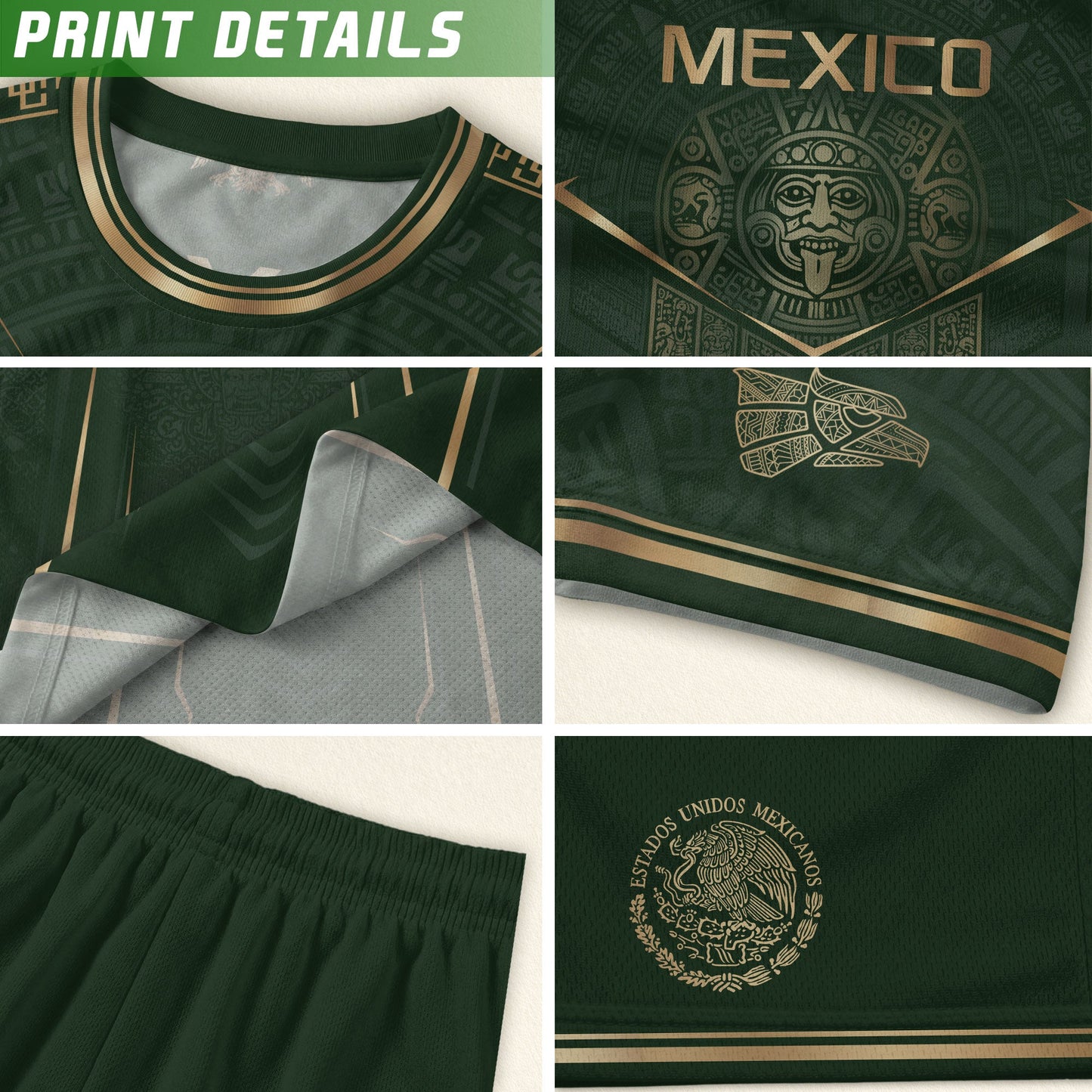 Mexico Soccer Jersey Men Aztec Warrior Green Gold Football Shirt Fan Edition Tee