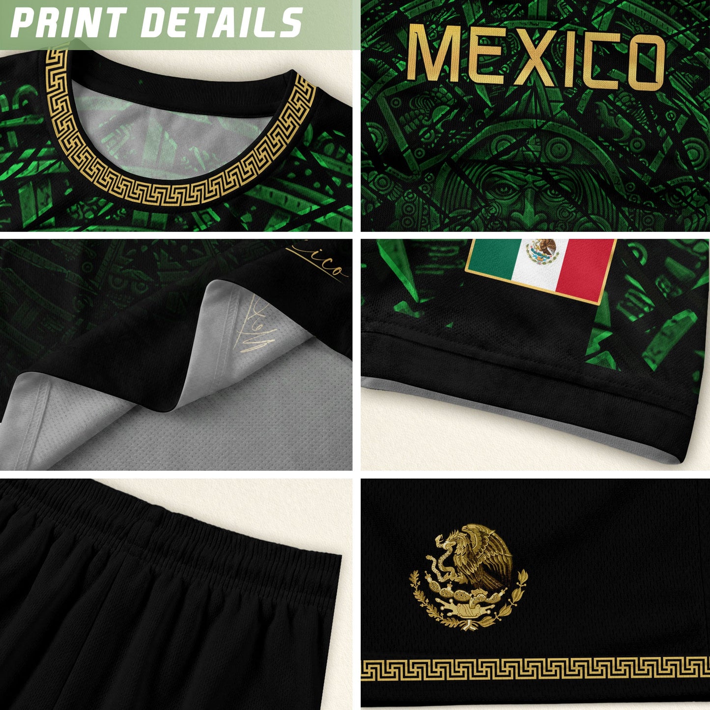 Mexico Soccer Jersey Green Black Aztec Sun Stone - Mexico Fan Heritage Style Shirt