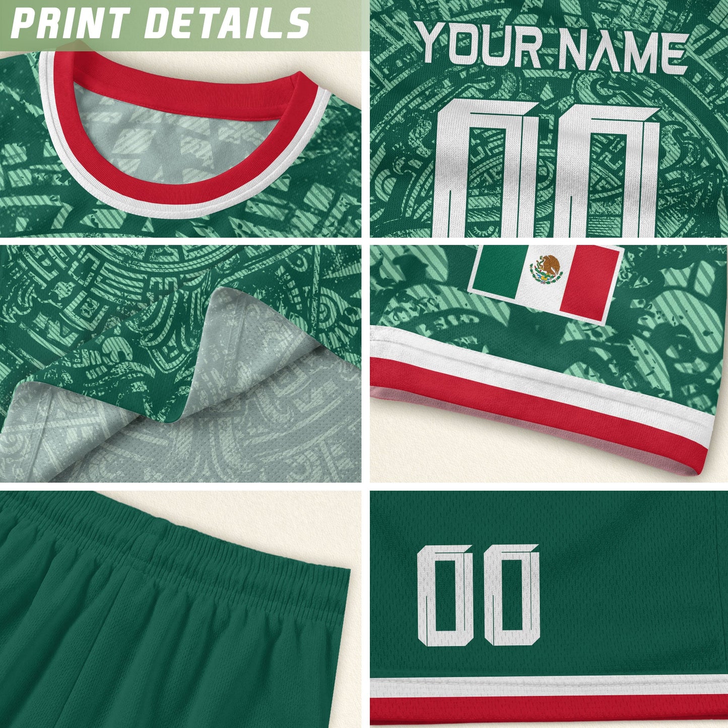 Mexico Soccer Jersey Custom Name - Green Aztec Calendar & Eagle Heritage Football Shirt