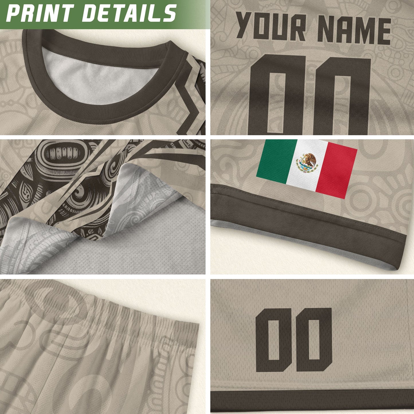Custom Beige Mexico Soccer Jersey Aztec Eagle Heritage Gold Trim Mexican Football Shirt