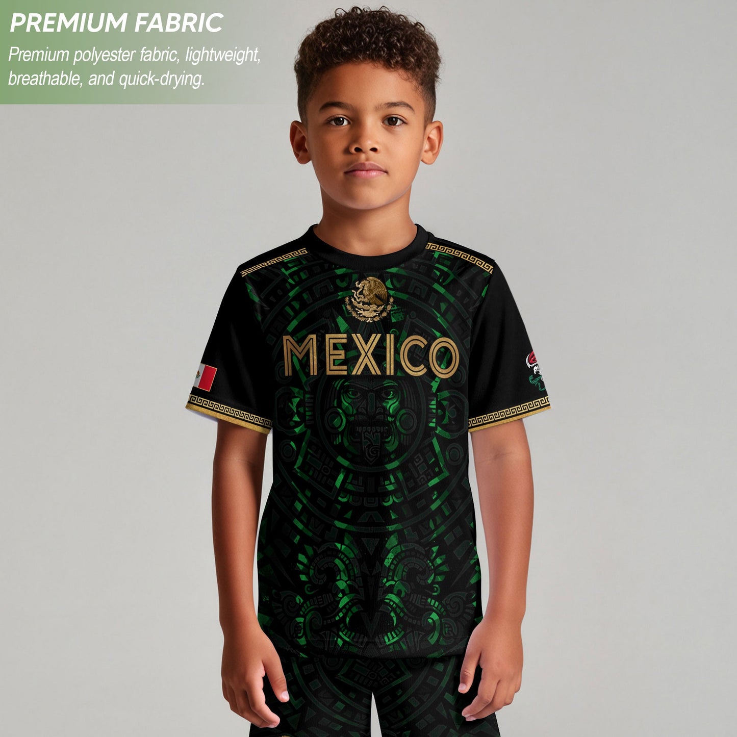 Mexico Kids Soccer Jersey Black Green Aztec Calendar Gold Youth Football Shirt