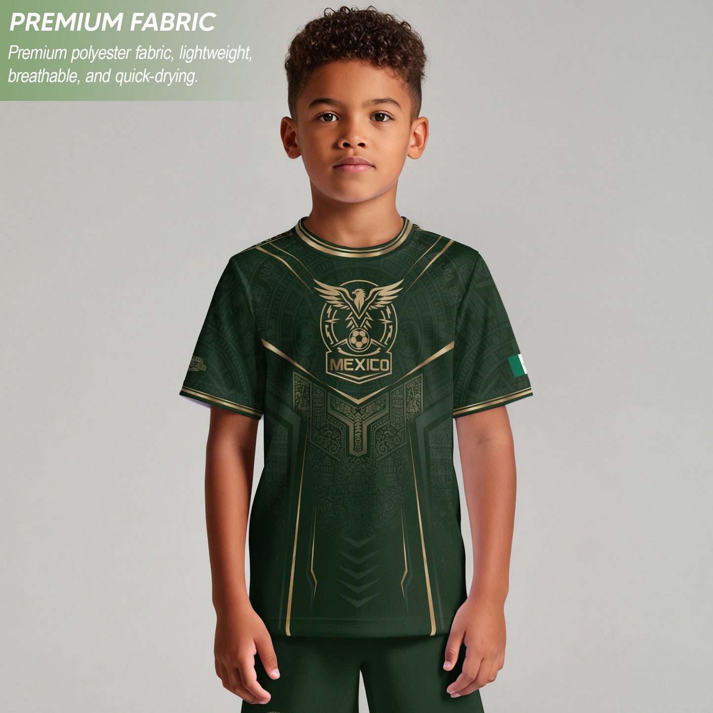 Mexico Soccer Jersey Youth Green Gold Eagle Shield Warrior Culture Print Football Shirt