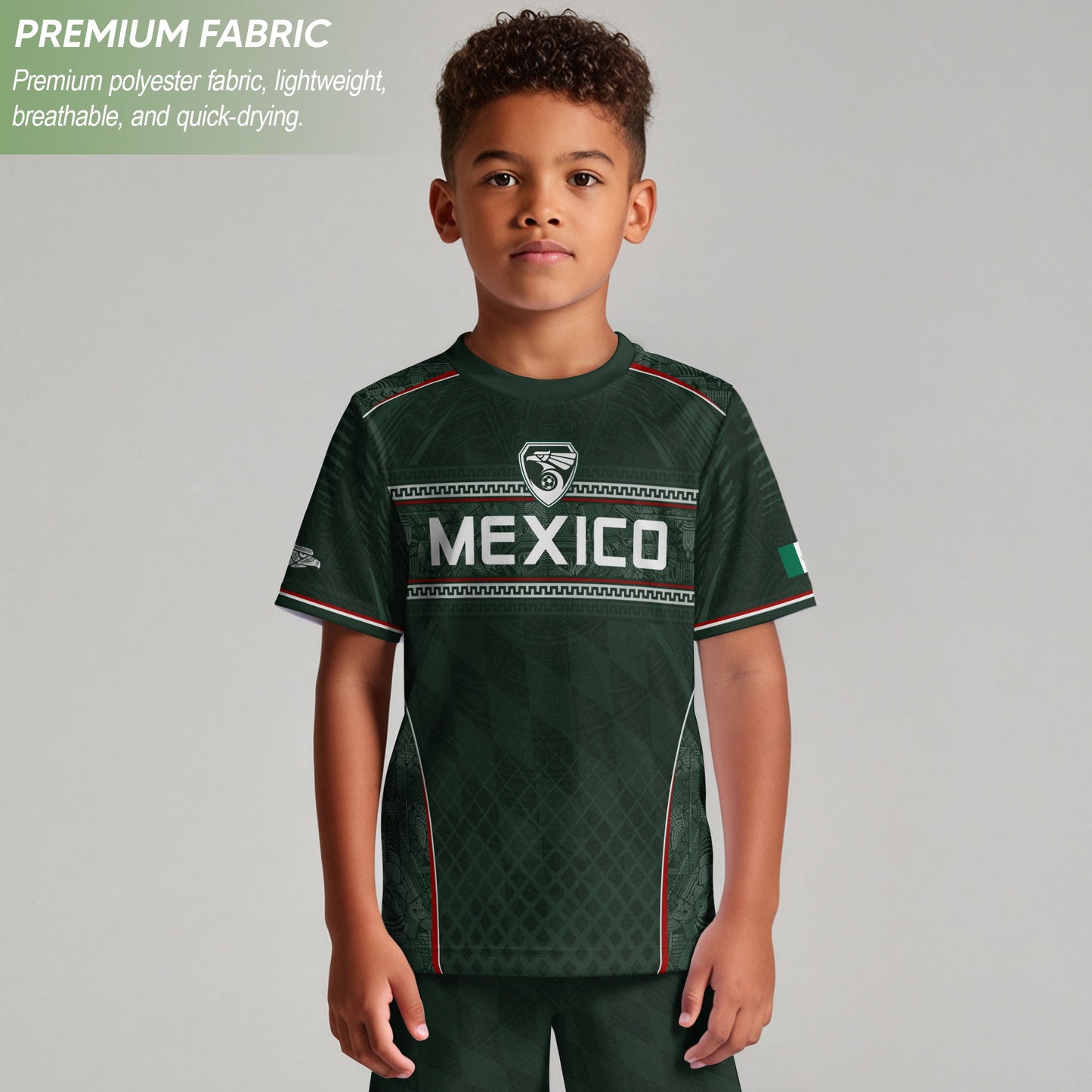 Youth Mexico Soccer Jersey Green National Coat of Arms Aztec Heritage Football Shirt Set