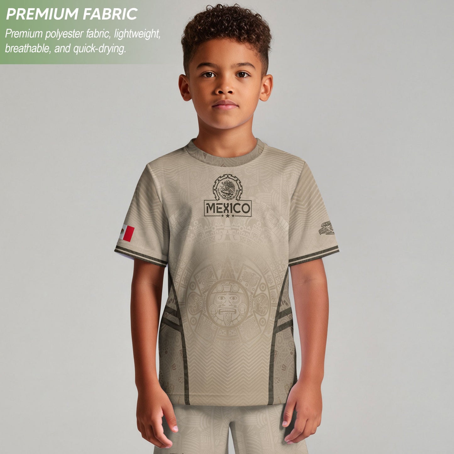 Mexico Kids Soccer Jersey Youth Beige Cream Aztec Calendar Eagle Heritage Football Shirt