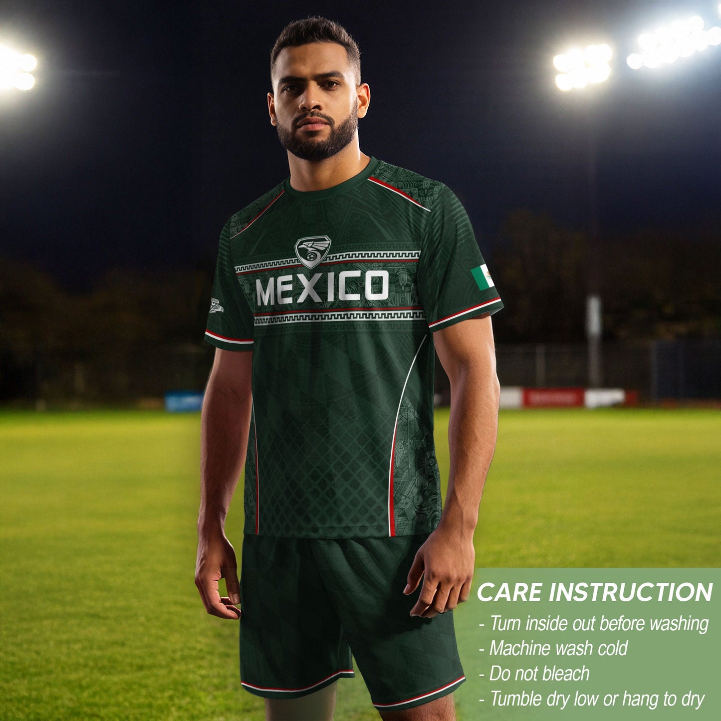 Mexico Soccer Green White Aztec Pattern Football Design - Mexico Fan Heritage Style Shirt