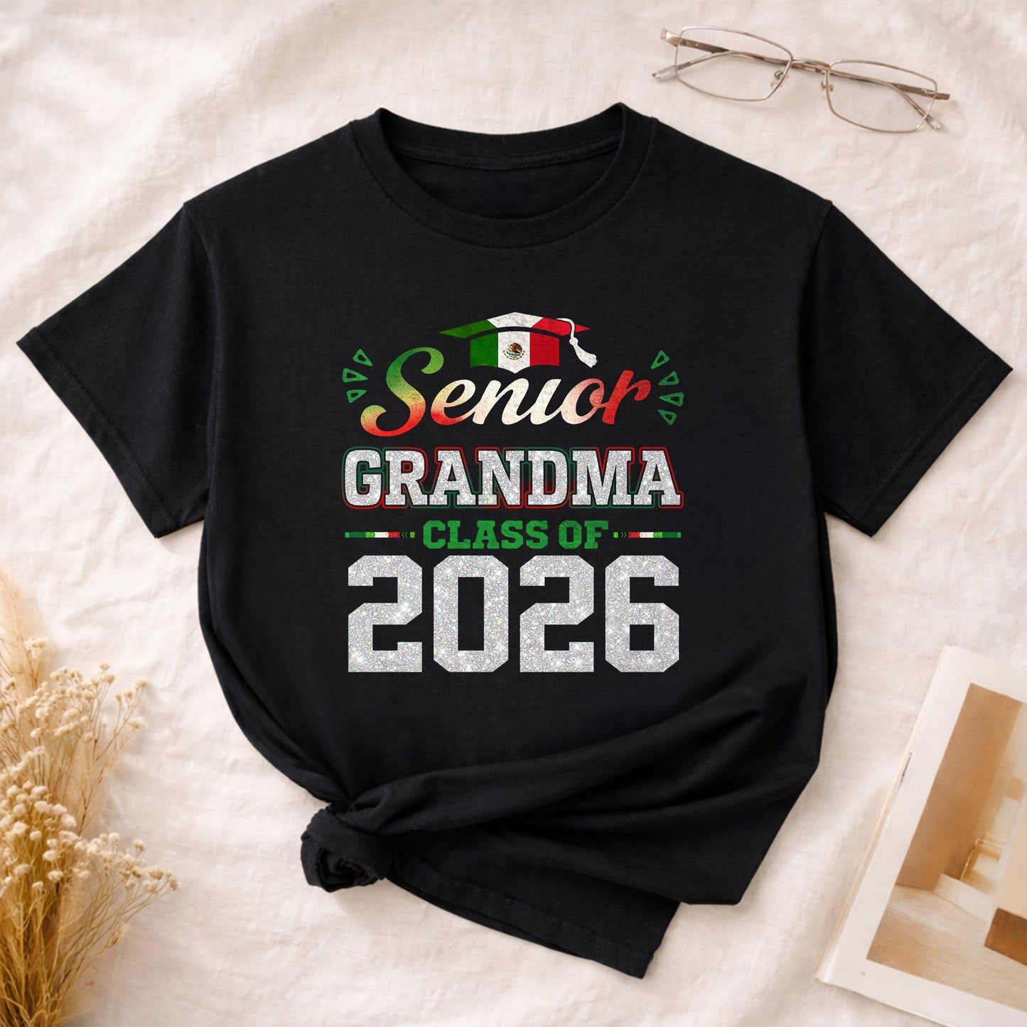 Senior Family 2026 Mexico Flag Varsity Shirt - Proud Mexican Silver Glitter Graduation Tee..