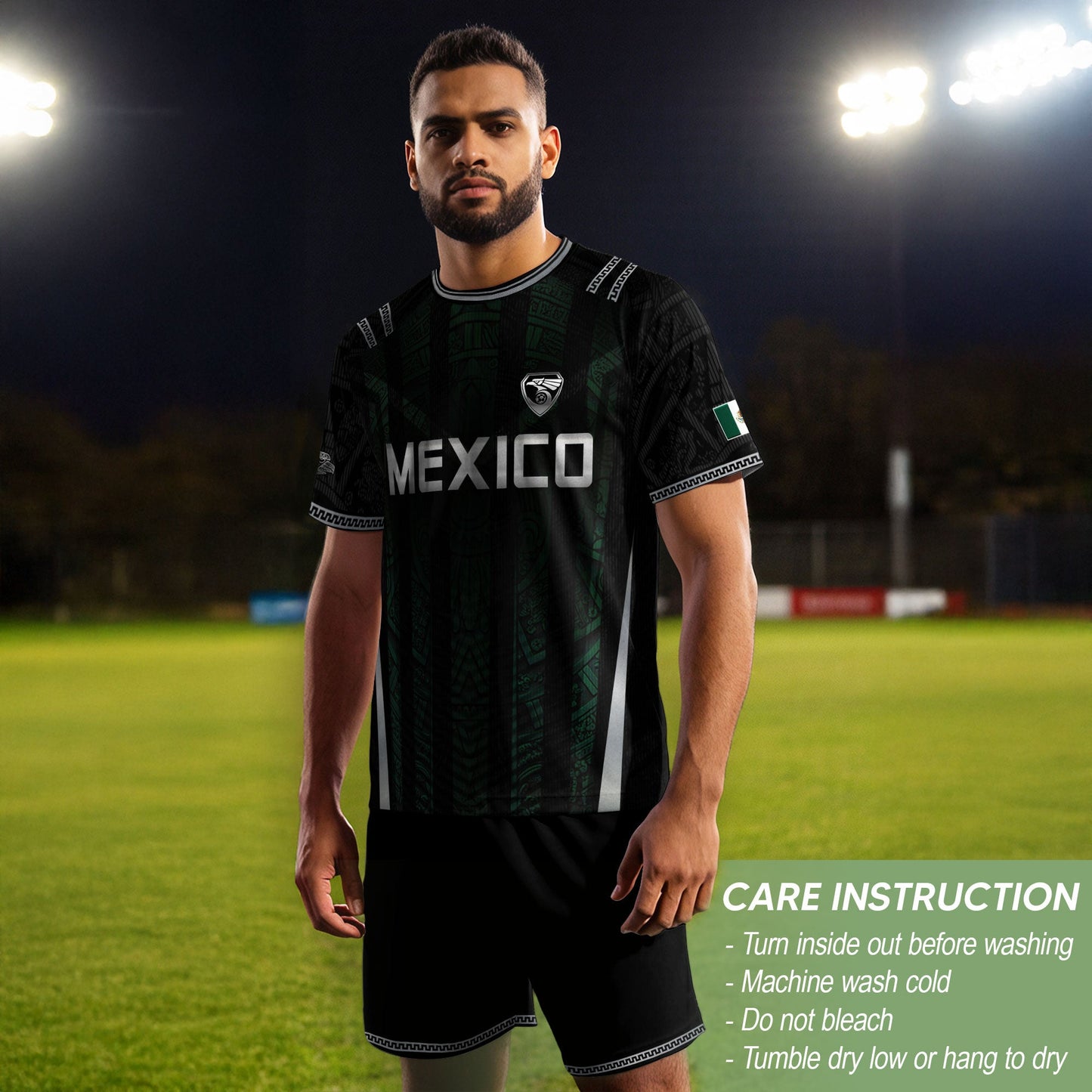Mexico Soccer Jersey Black Eagle Crest Football Fan Men Shirt Aztec Design Tee