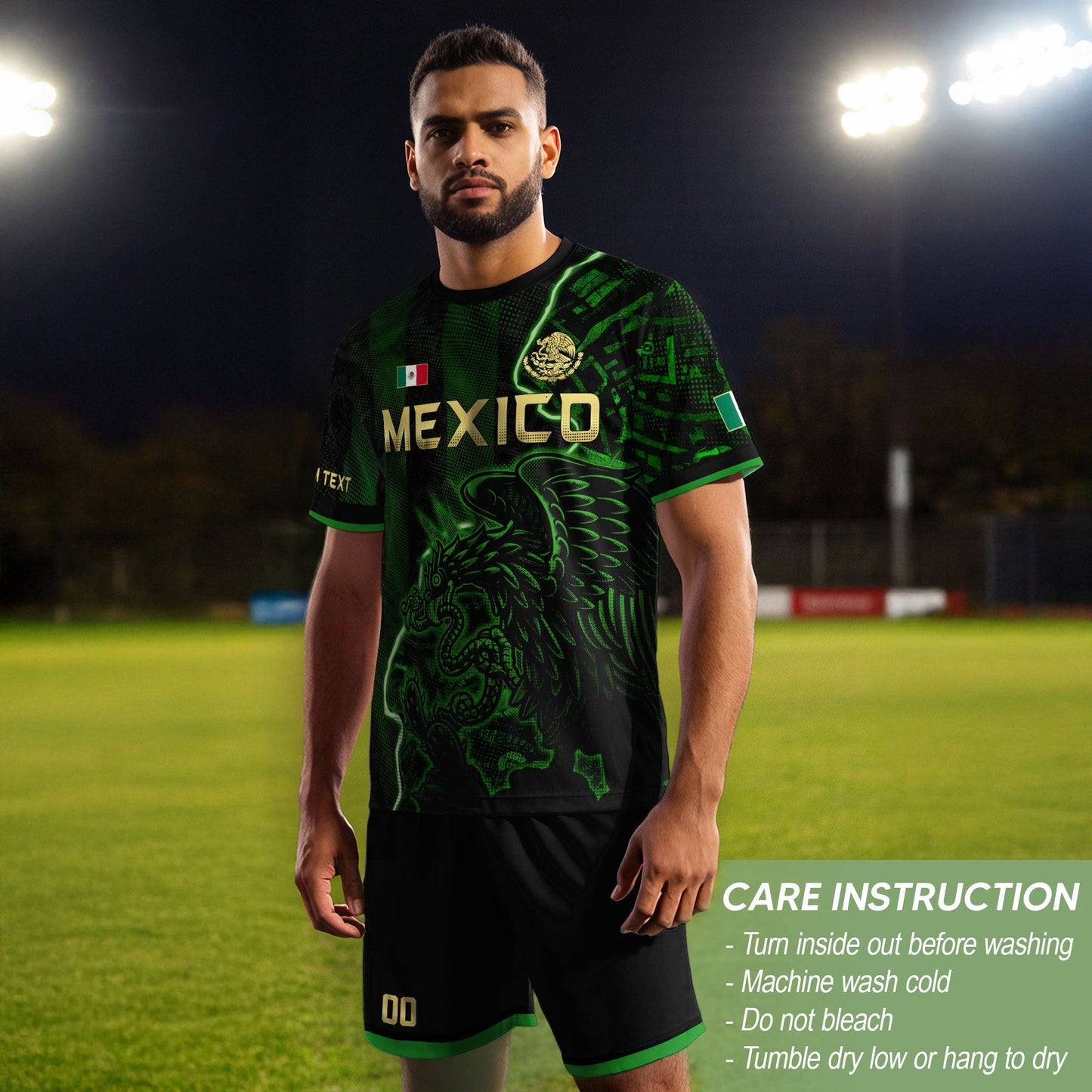 Custom Mexico Soccer Jersey – Black Green Aztec Serpent Lightning Football Shirt