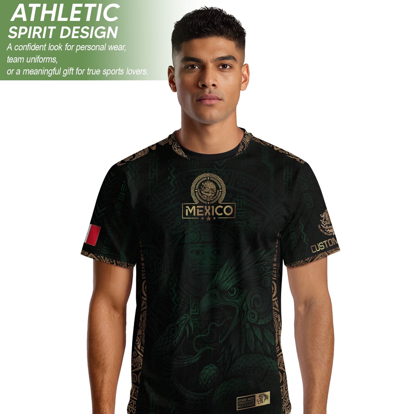 Custom Mexico Green Gold Soccer Jersey with Aztec Eagle Warrior Design