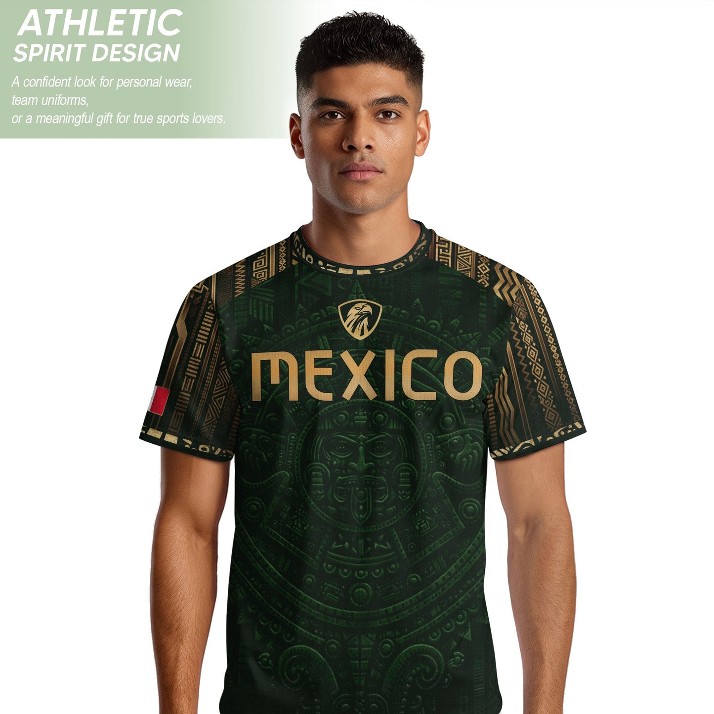 Mexico Heritage Orgullo Mexicano Green Gold Aztec Calendar Sun Stone Soccer Jersey
