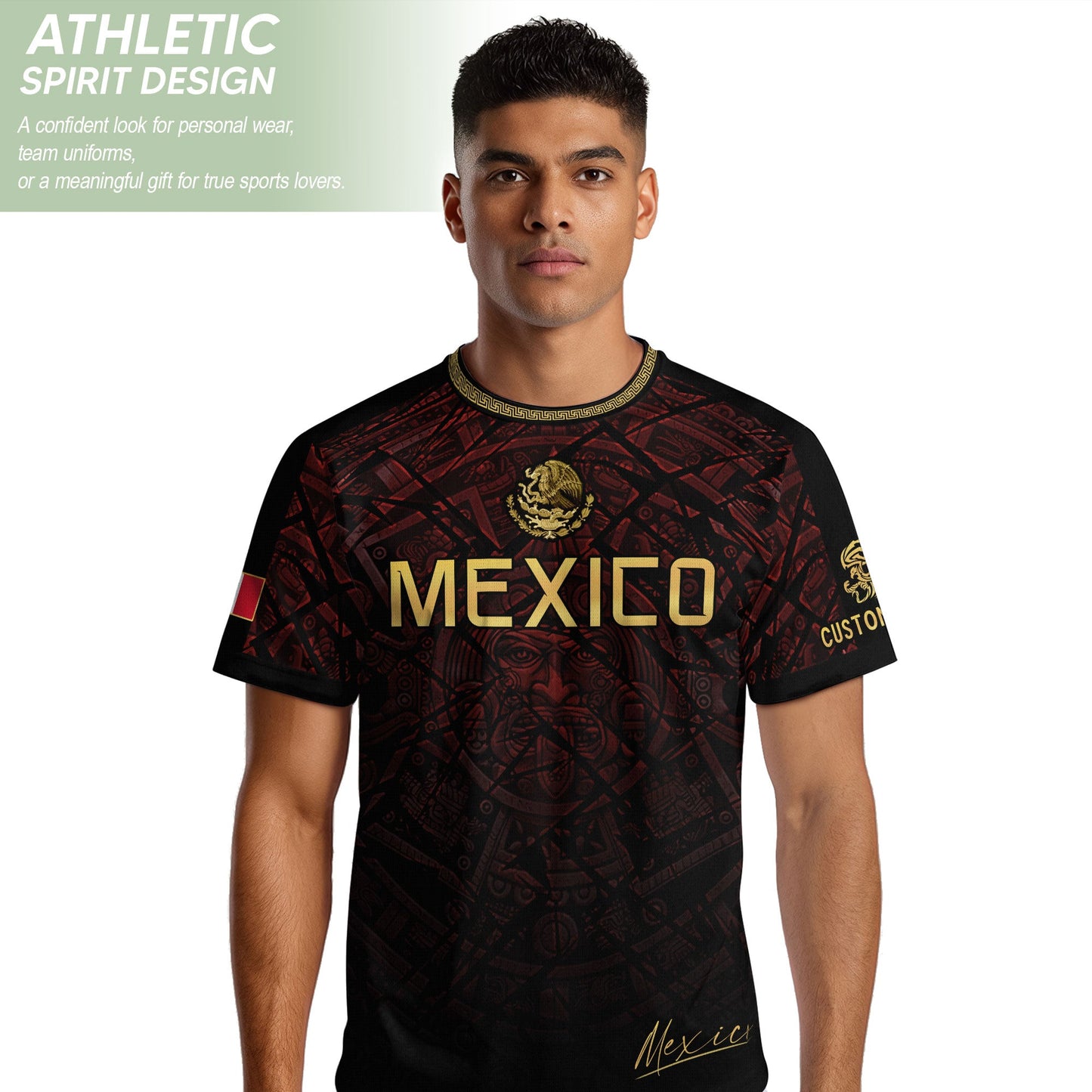 Custom Mexico Soccer Jersey – Maroon Black Aztec Heritage Pattern Personalized Football Shirt