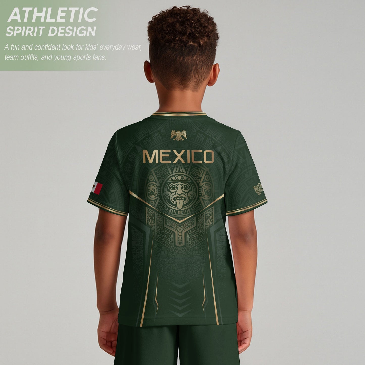 Mexico Soccer Jersey Youth Green Gold Eagle Shield Warrior Culture Print Football Shirt