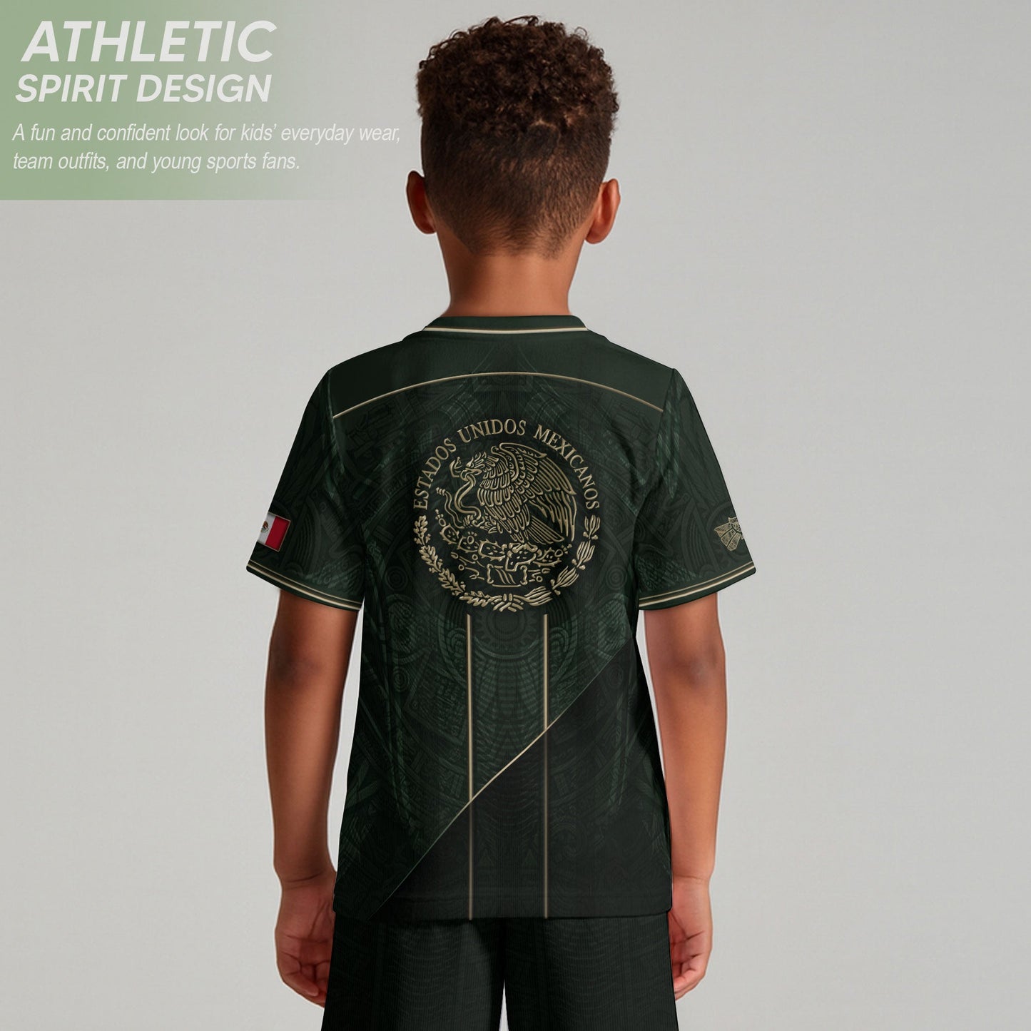 Youth Mexico Soccer Jersey Black Gold National Coat of Arms Heritage Football Shirt Set
