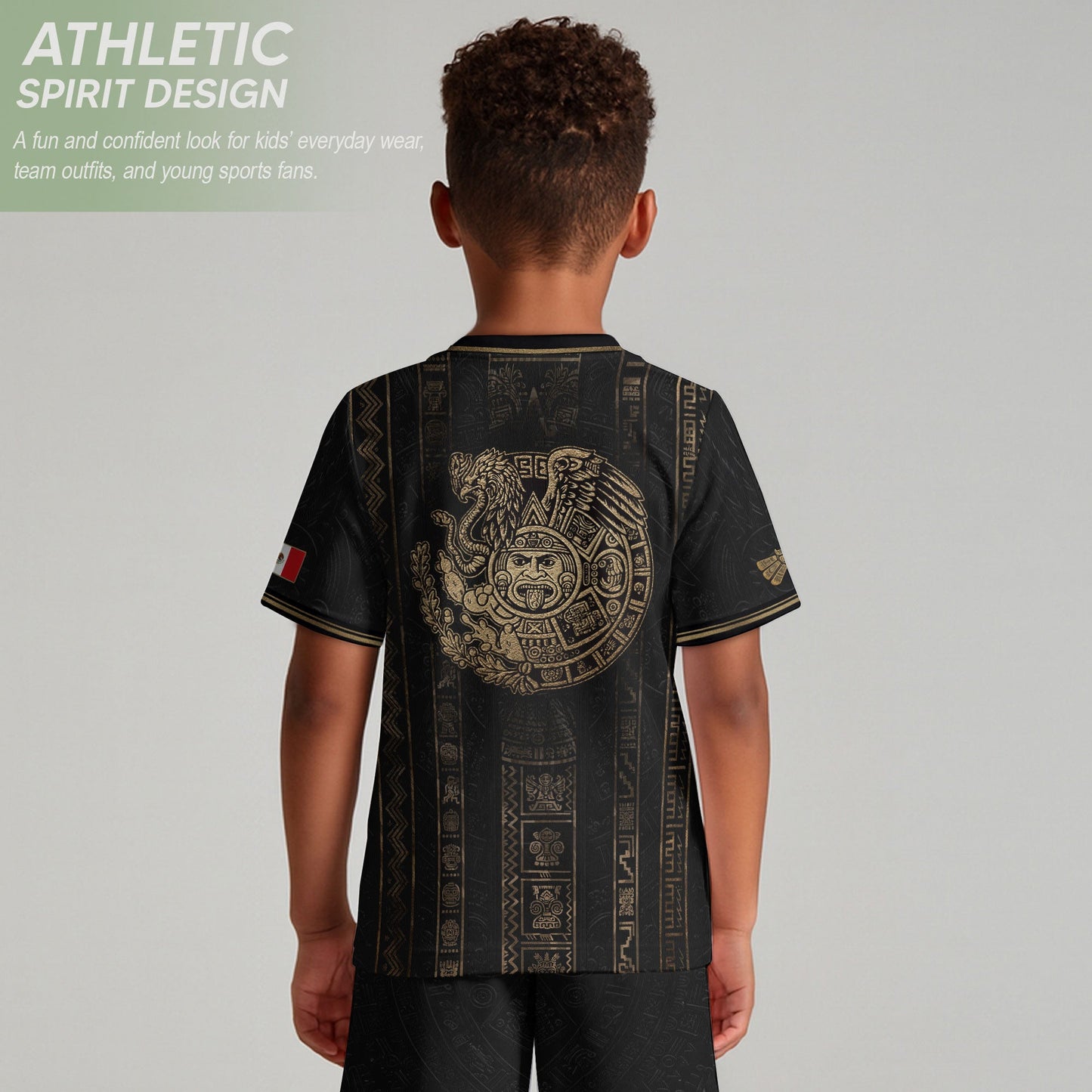 Mexico Soccer Jersey Youth Black Aztec Calendar Sun Stone Heritage Football Shirt Set