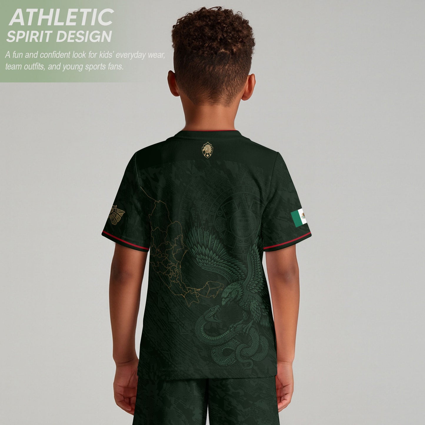 Mexico Kids Soccer Jersey Youth Green Gold Aztec Eagle Heritage Football Graphic Shirt