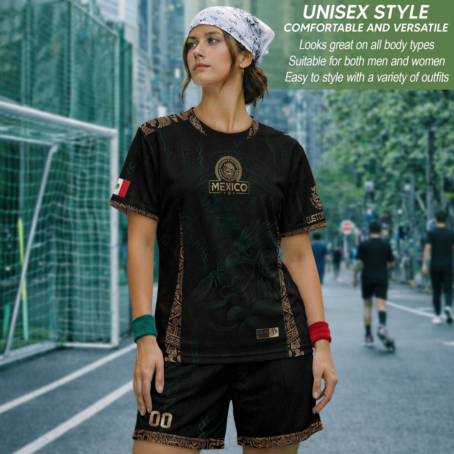 Custom Mexico Green Gold Soccer Jersey with Aztec Eagle Warrior Design