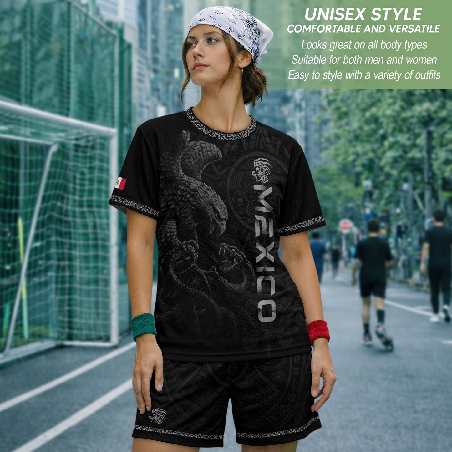 Mexico Coat of Arms Black Silver Eagle Snake Battle Aztec Calendar Heritage Soccer Jersey