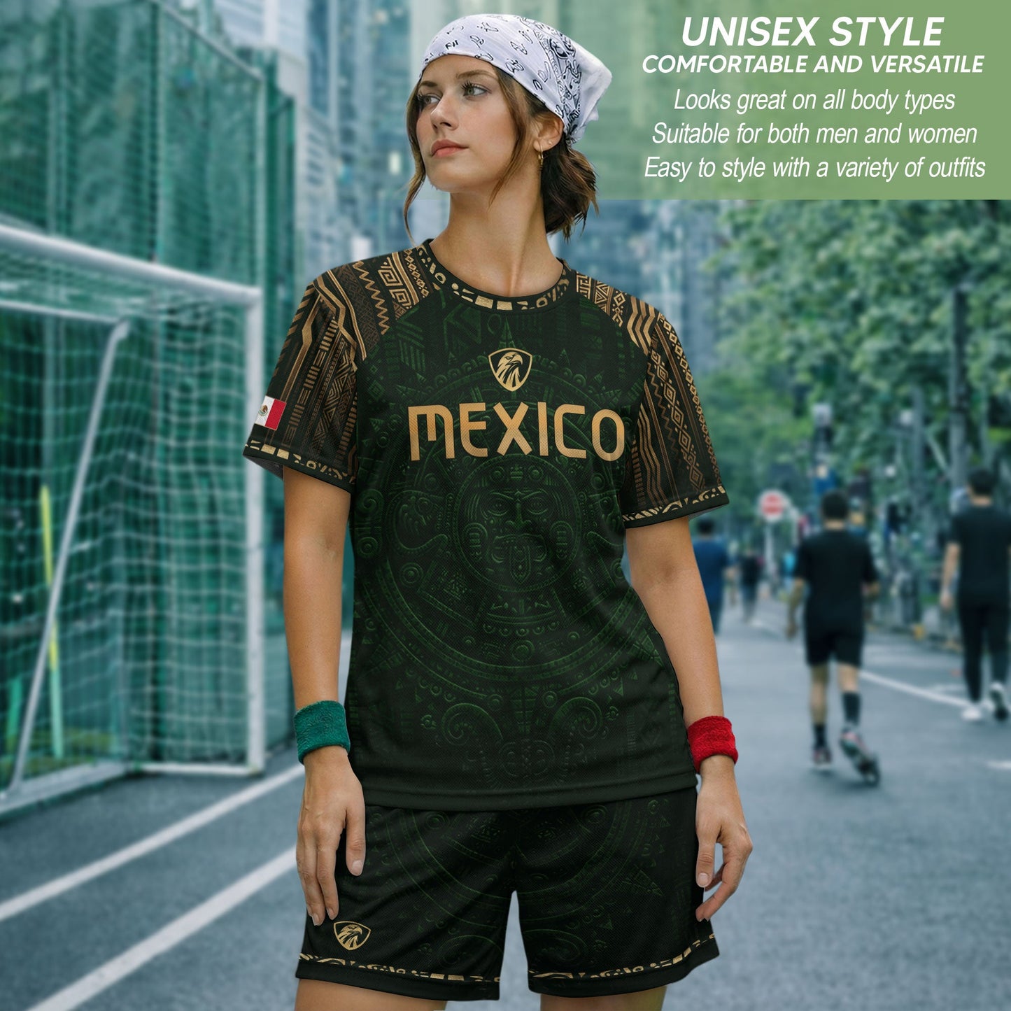Mexico Heritage Orgullo Mexicano Green Gold Aztec Calendar Sun Stone Soccer Jersey