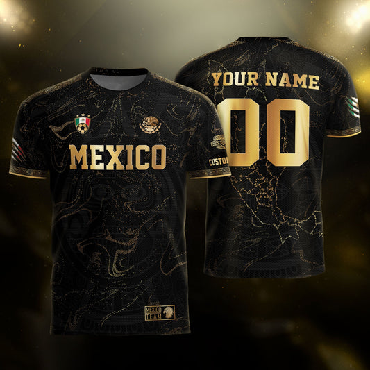 Custom Mexico Black Gold Soccer Jersey with Heritage Map and Aztec Pattern