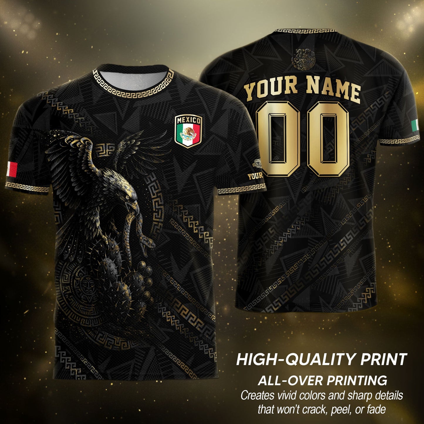 Custom Mexico Black Gold Eagle and Serpent Aztec Heritage Soccer Jersey