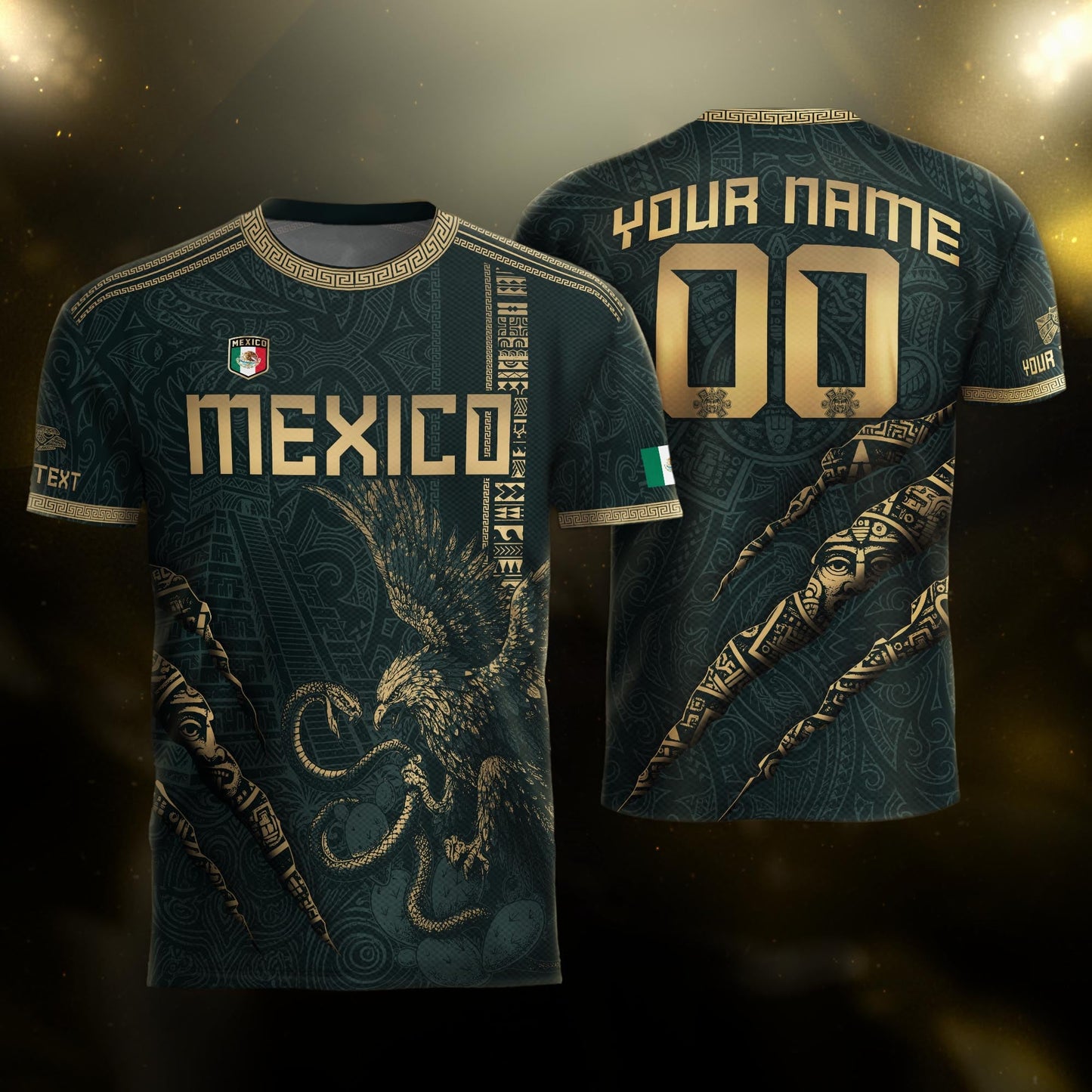 Custom Mexico Green Gold Eagle Claw Aztec Warrior Heritage Soccer Jersey