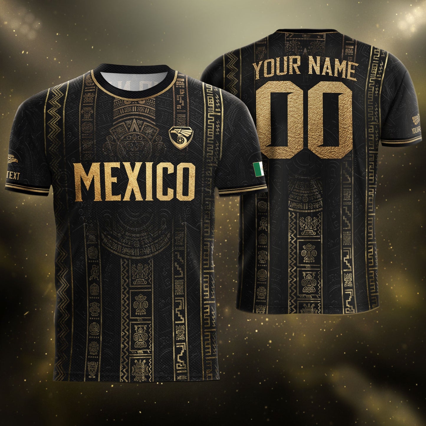Mexico Soccer Jersey Personalized Name Number Black Aztec Glyph Black Football Kit