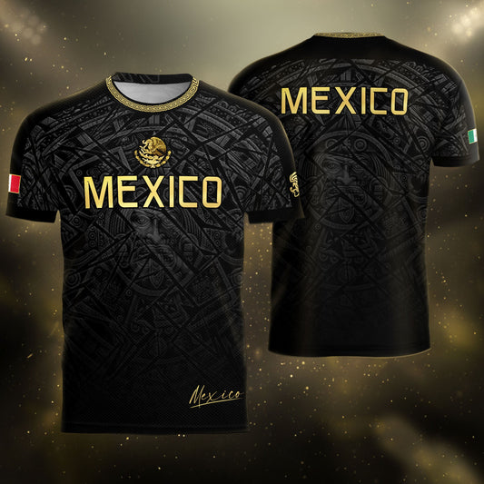 Mexico Soccer Jersey Black Gold Aztec Pattern – Football Shirt for Men Fans