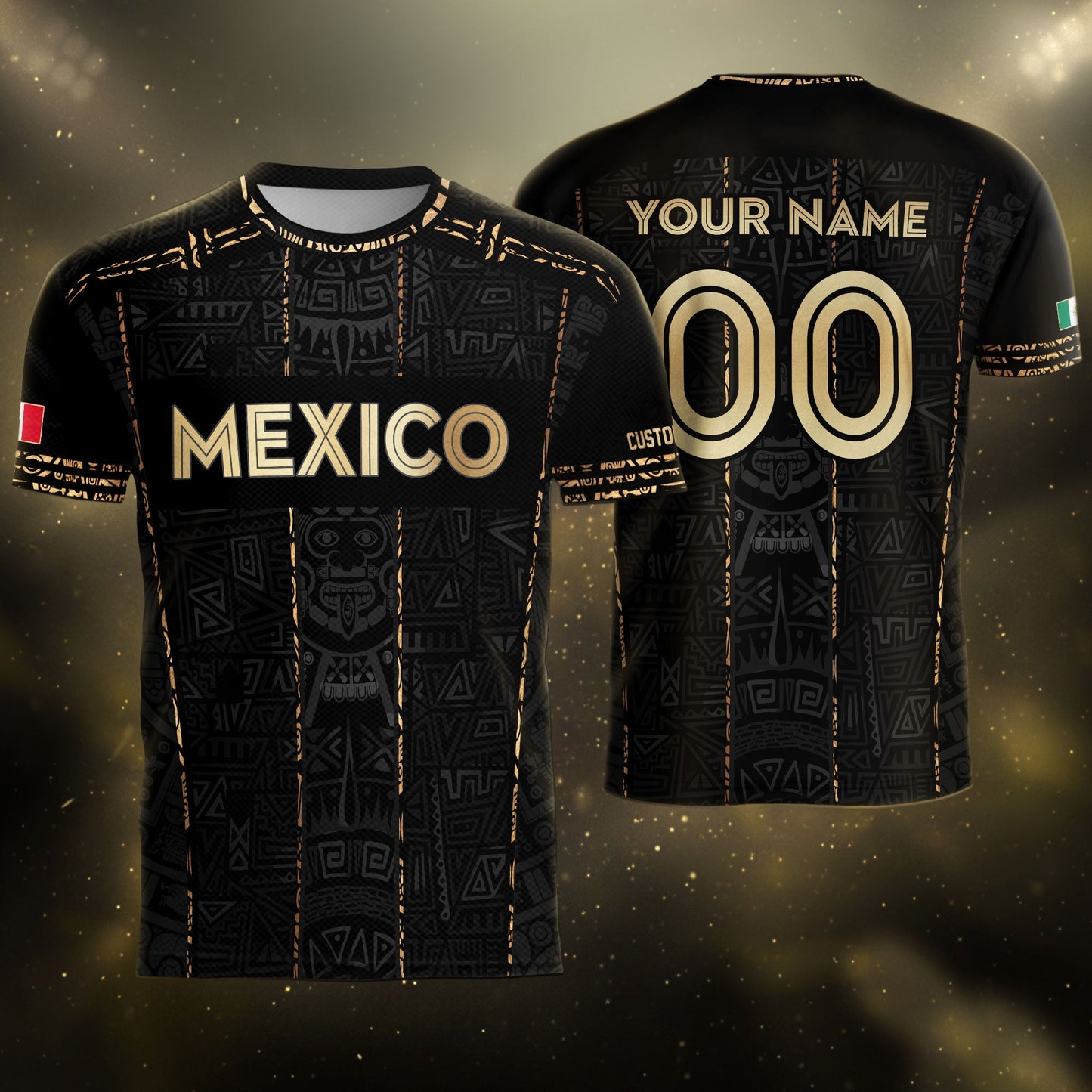 Mexico Soccer Jersey Custom Name - Aztec Heritage Black & Gold Tribal Football Shirt