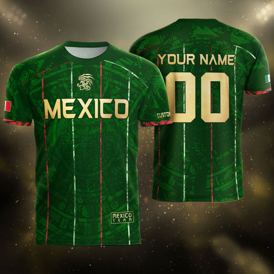 Custom Mexico Soccer Jersey – Green Aztec Pattern Striped Football Shirt with Custom Name Number