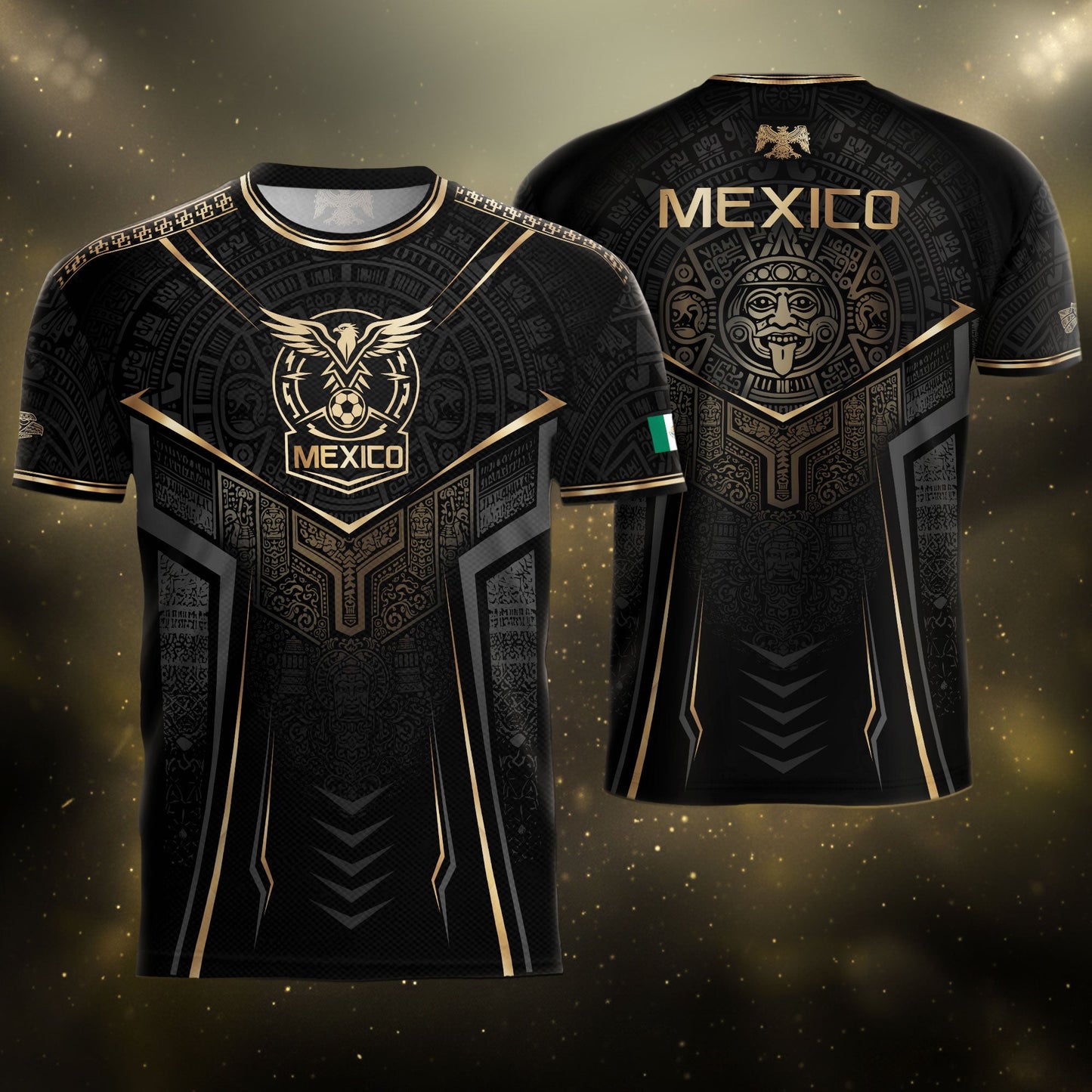 Mexico Soccer Jersey - Black & Gold Aztec Sun Stone Tribal Football Shirt