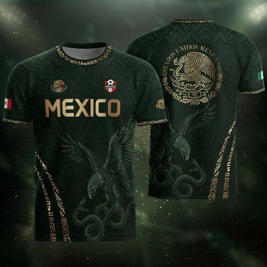 Green Mexico Soccer Jersey Gold Eagle Snake Aztec Mexican Football Shirt