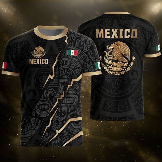 Black Mexico Soccer Jersey Aztec Calendar Design Gold Eagle Heritage Football Shirt