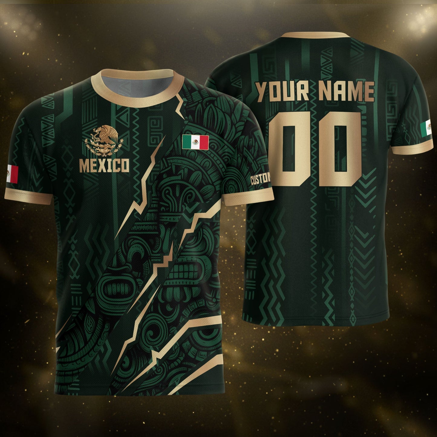 Custom Mexico Aztec Eagle Jersey Green Gold Mexican Pride Heritage Football Soccer Shirt