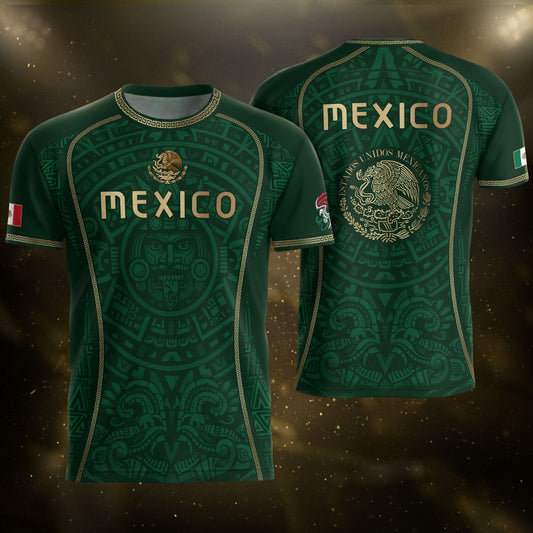 Green Mexico Soccer Jersey Aztec Sun Calendar Mexican Football Shirt for Fans