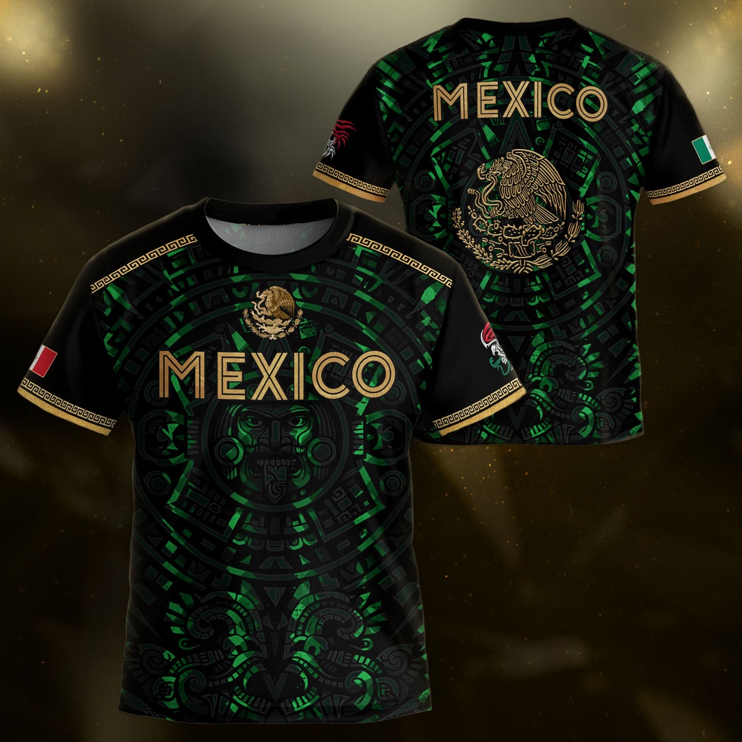 Mexico Kids Soccer Jersey Black Green Aztec Calendar Gold Youth Football Shirt