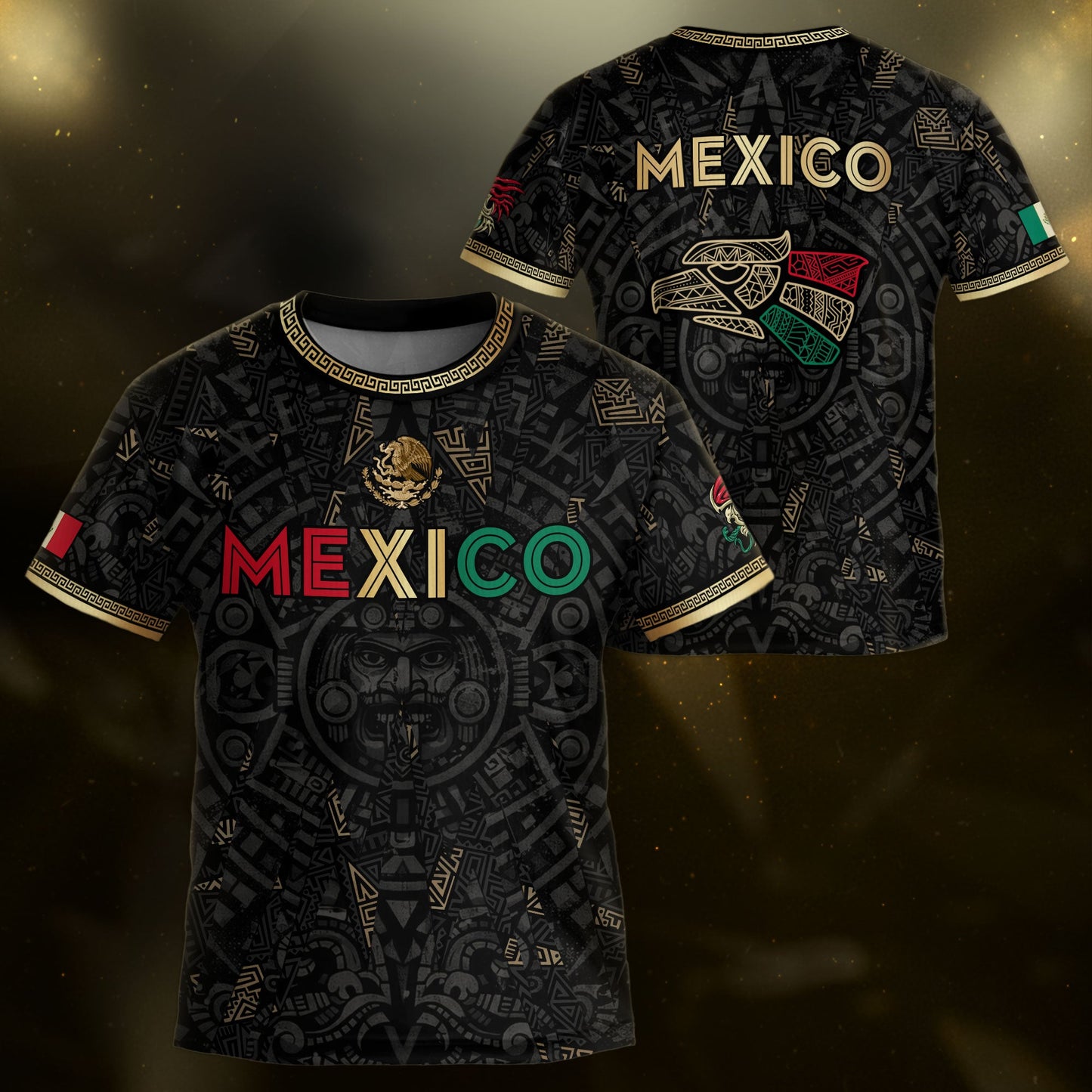Mexico Kids Soccer Jersey Black Aztec Calendar Tricolor Gold Youth Football Shirt