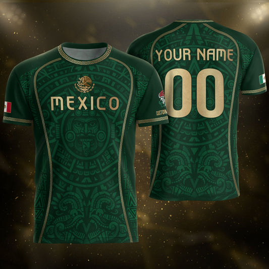 Custom Mexico Soccer Jersey Green Aztec Calendar Culture Men Mexican Football Shirt