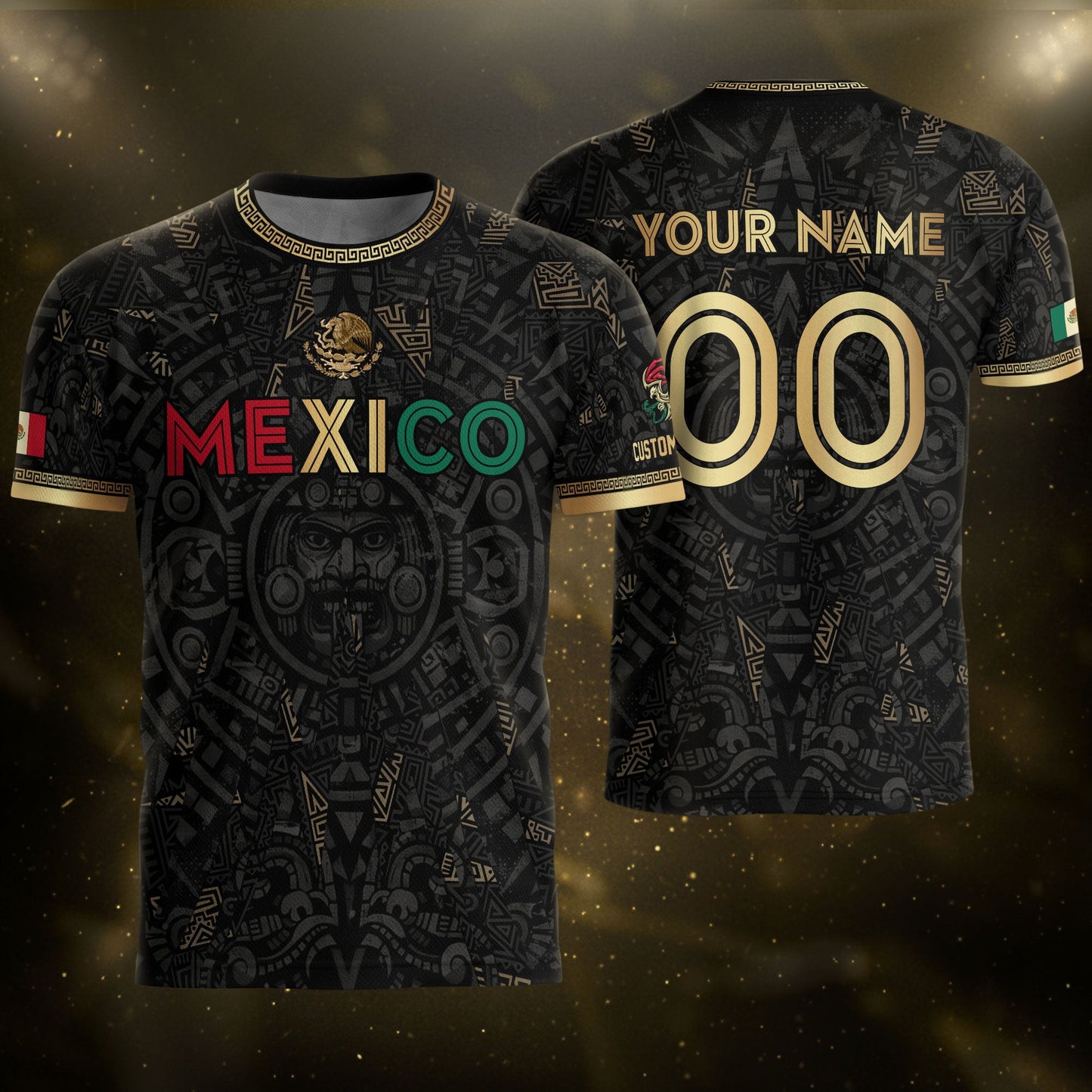 Personalized Mexico Soccer Jersey Black Aztec Calendar Men Mexican Football Shirt Flag