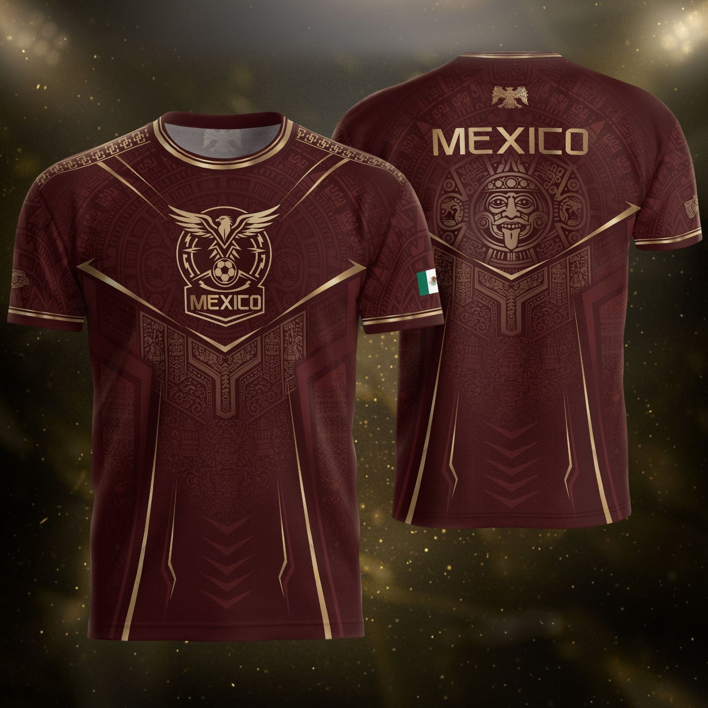 Mexico Soccer Jersey Men Maroon Aztec Pattern Football Shirt Classic Fan Wear