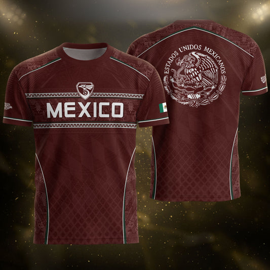 Maroon Mexico Soccer Jersey Aztec Coat of Arms Football Men Shirt Mexico Fan Tee