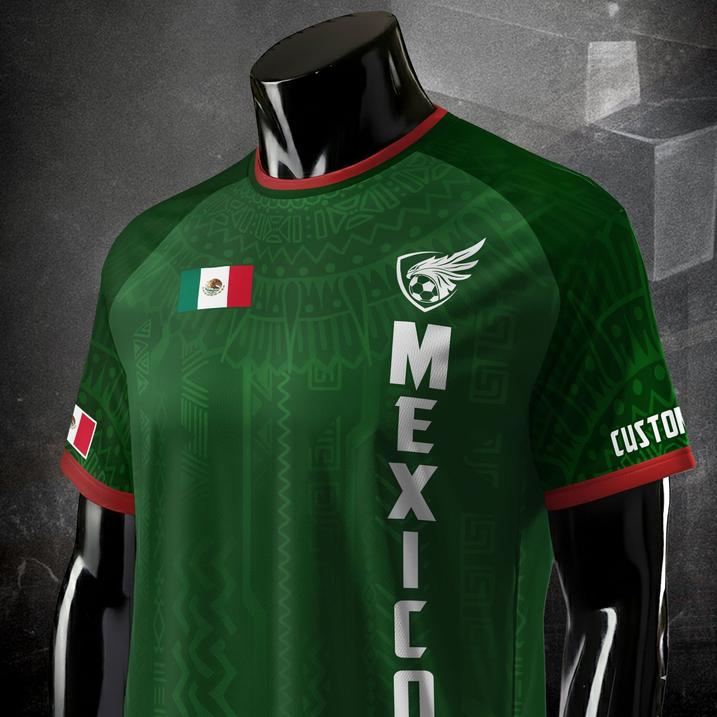 Custom Soccer Jersey Mexico Green Aztec Pattern Design