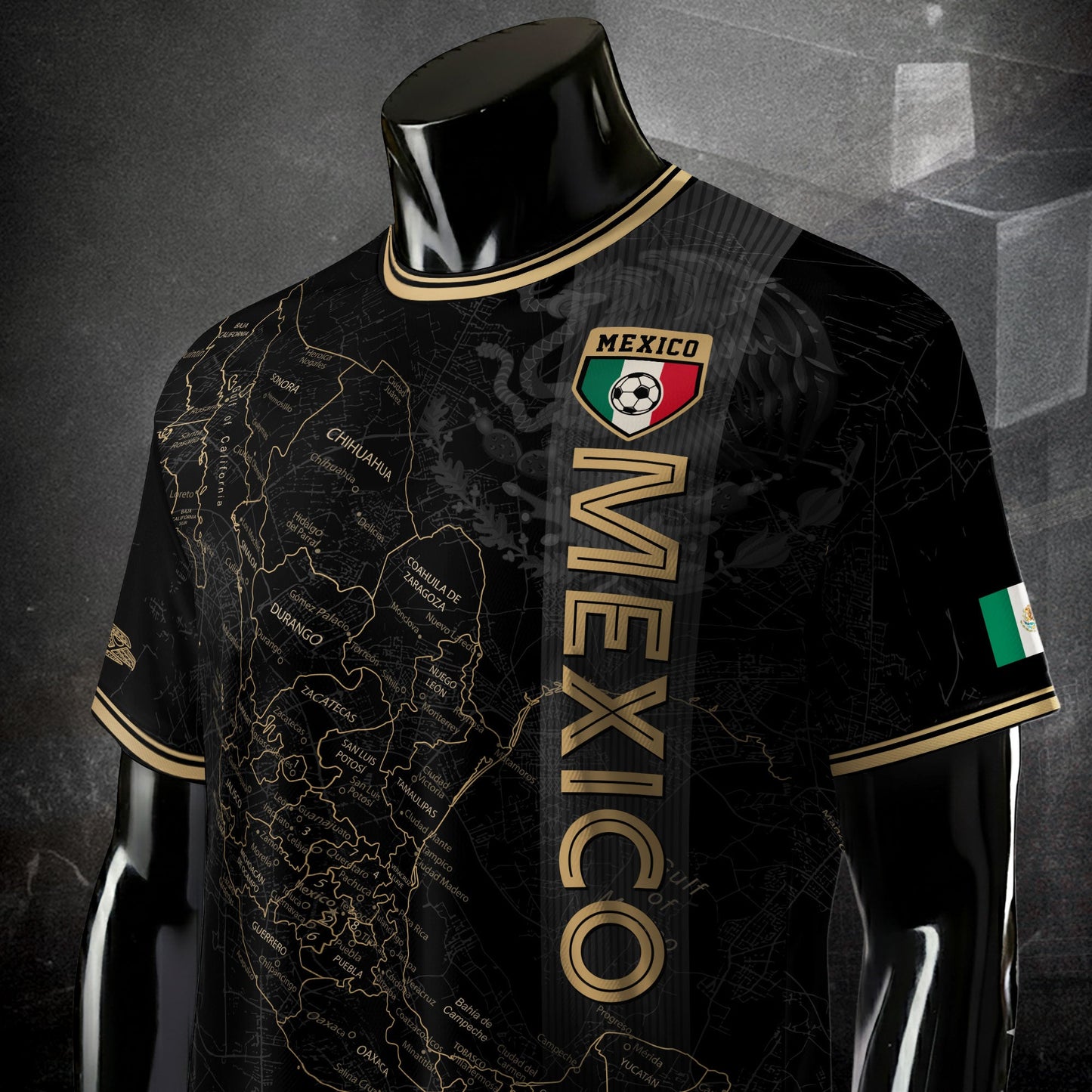 Mexico Black Heritage Map Soccer Jersey with Golden Aztec Accents