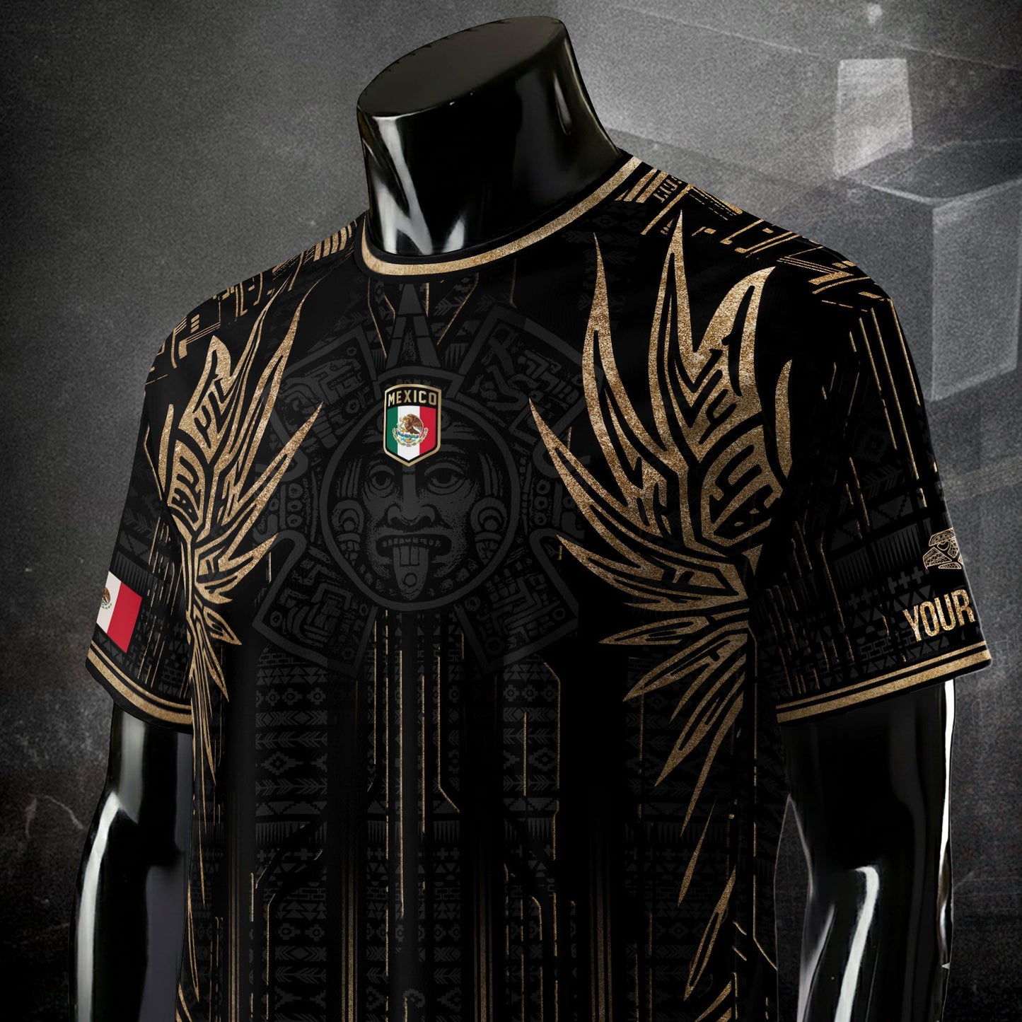 Custom Mexico Black Gold Aztec Warrior Wings Heritage Soccer Jersey