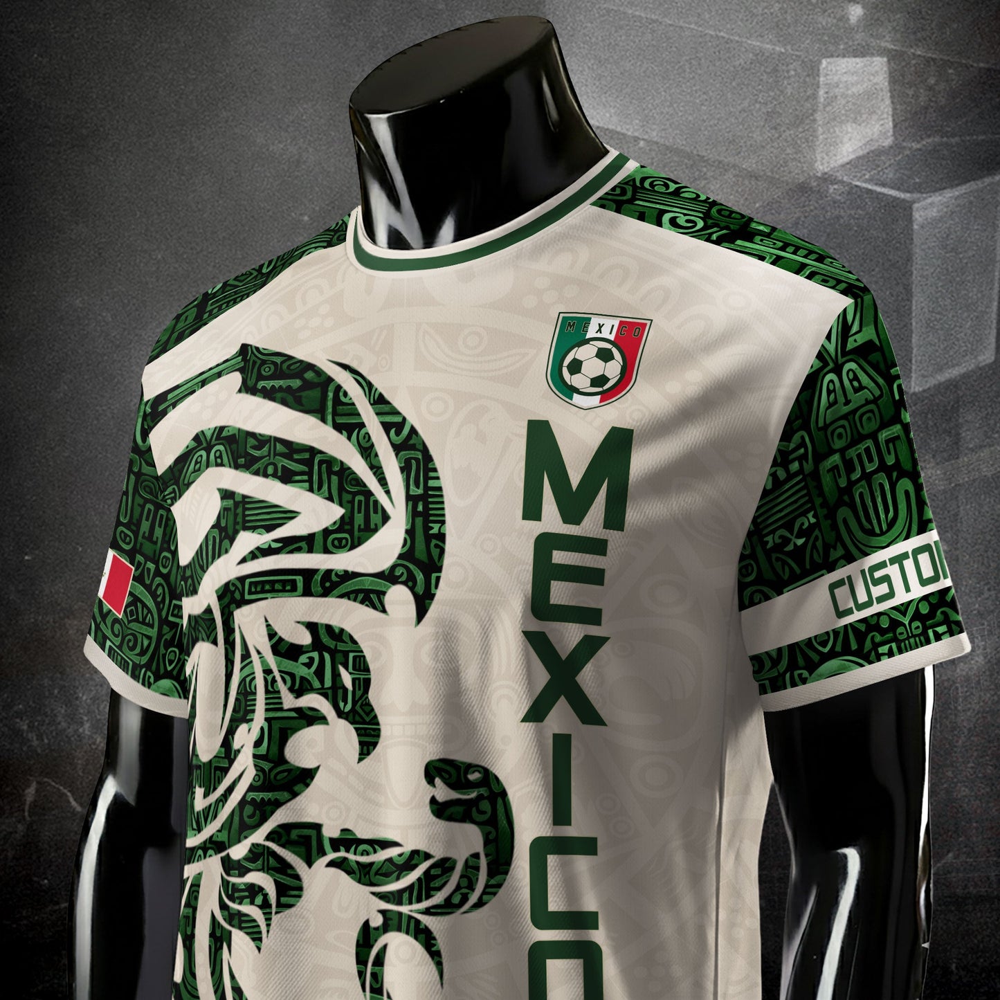 Custom Mexico Soccer Jersey Beige Green Aztec Design