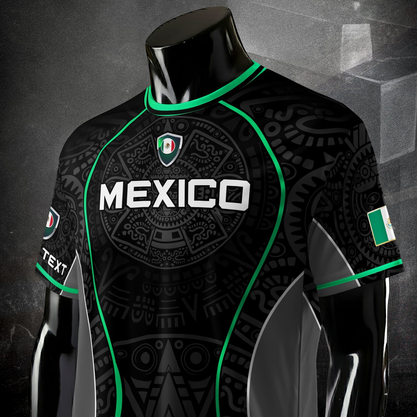 Custom Mexico Soccer Jersey Black Green Aztec Pattern Design