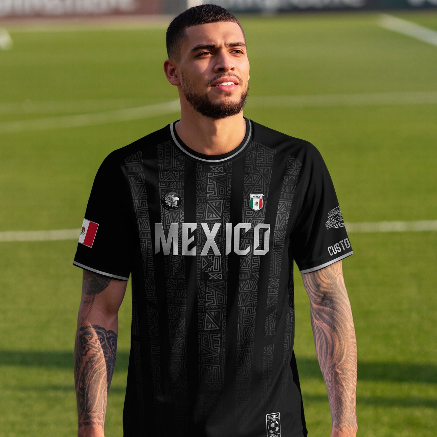 Custom Mexico Black Silver Aztec Pattern Soccer Jersey